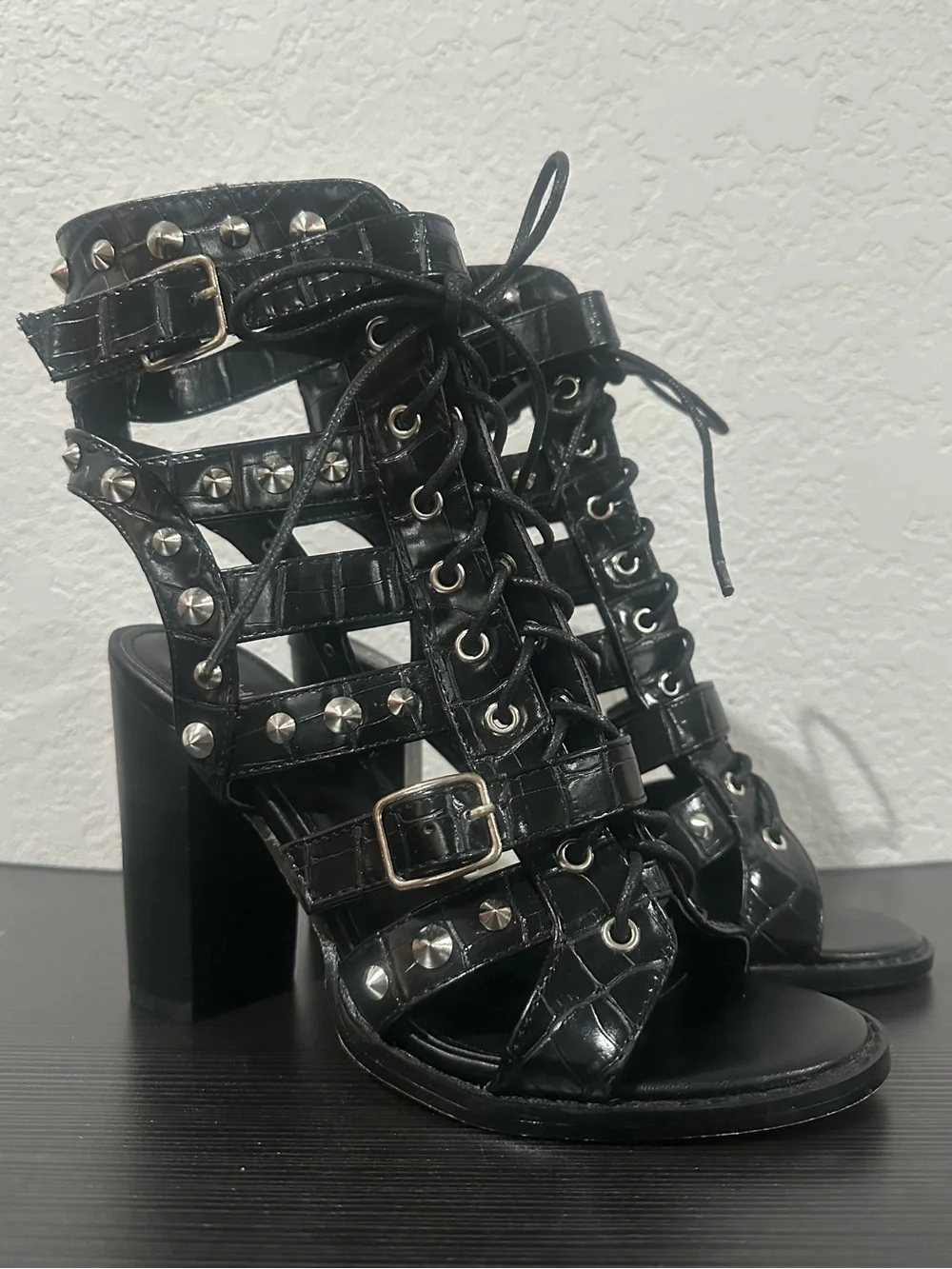 Fashion Nova Black Studded Cage Lace-Up Heels size 7.5